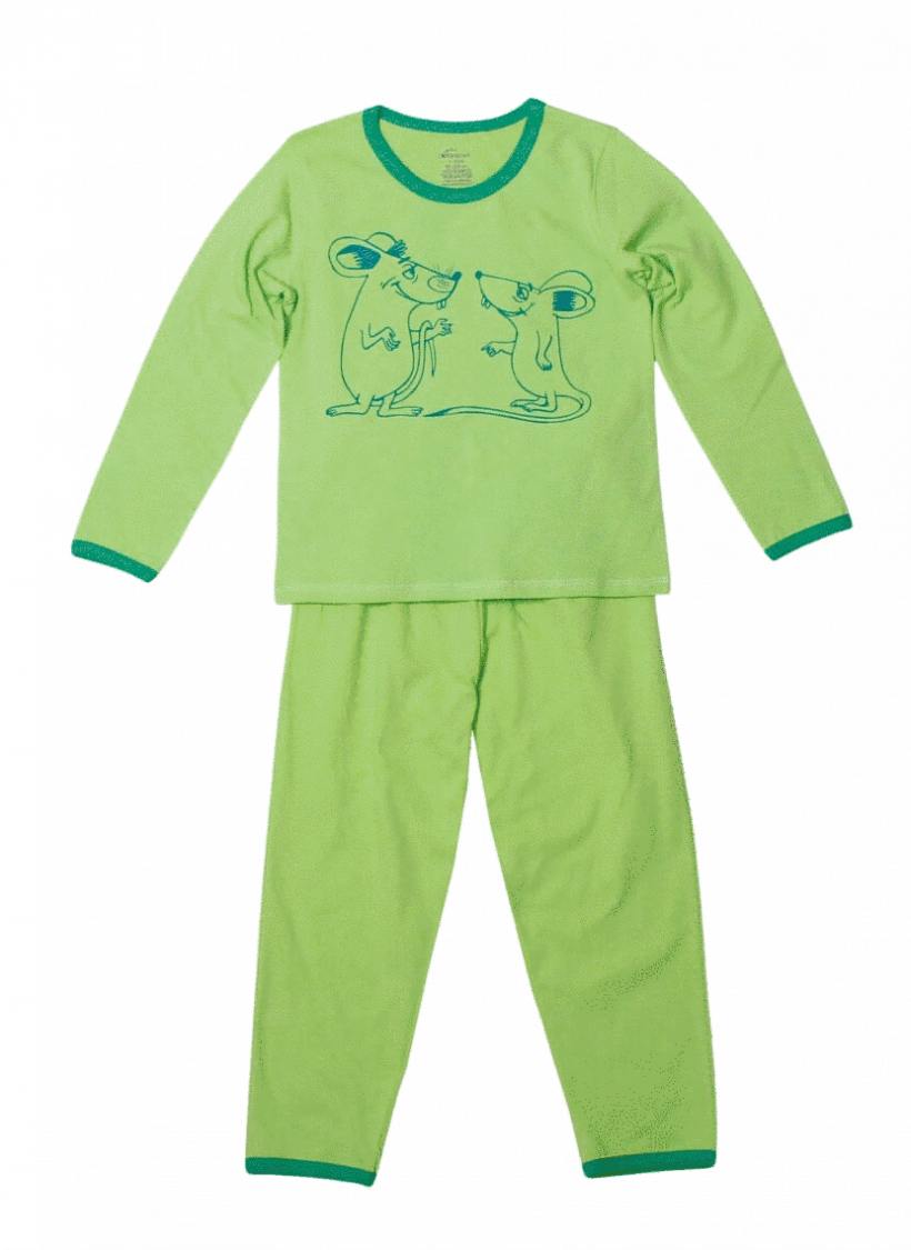 Pijama copii, cu maneca lunga, verde-fistic "soricei la taifas"